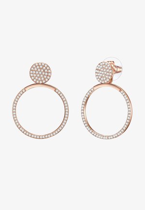 Uhani iz rožnatega zlata z ovalnim dizajnom, ki imata manjši zgornji krog in celotno površino s prozornimi bleščečimi kamni na obeh delih.