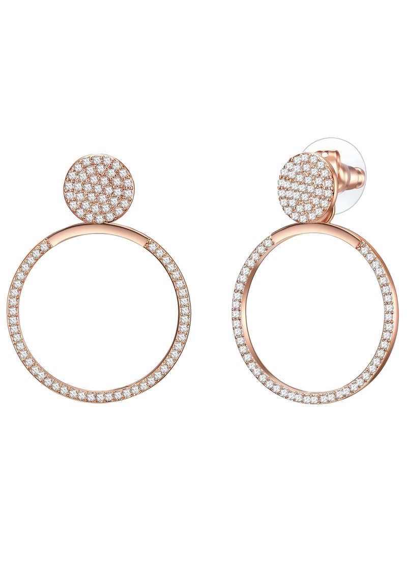 Pendientes en oro rosa con diseño circular, con un círculo superior más pequeño y una superficie completa de piedras transparentes brillantes en ambas secciones.