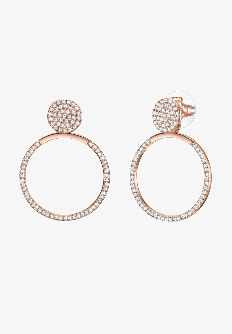 Uhani iz rožnatega zlata z ovalnim dizajnom, ki imata manjši zgornji krog in celotno površino s prozornimi bleščečimi kamni na obeh delih.