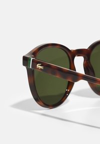 Gafas de sol redondas de carey con lentes verdes, que cuentan con un logo dorado en el costado y un acento verde y blanco en la patilla.