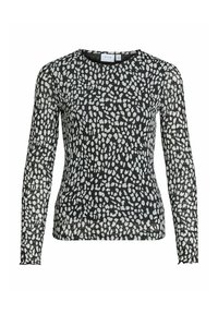 Haut noir à manches longues en tissu transparent et texturé avec un motif à pois blancs. Présente un col rond et une silhouette ajustée.