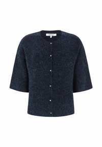 Marineblå cardigan med korte ærmer, lavet af et tekstureret, blødt materiale. Har en rund halsudskæring og perleformede knapper ned langs fronten.