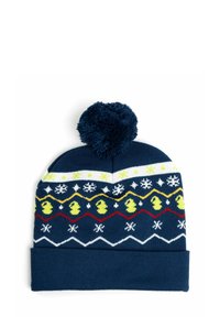 Cappello di lana invernale blu navy con pon-pon, caratterizzato da motivi a fiocco di neve e zigzag gialli, bianchi e rossi.