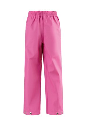 Pantalon imperméable rose avec taille élastique et poignets à boutons-pression, conçu pour une utilisation en extérieur ou par temps de pluie.