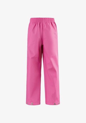 Rosa wasserdichte Hose mit elastischem Bund und Druckknopfmanschetten, entwickelt für den Einsatz im Freien oder bei Regenwetter.