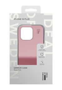iPhone 16 Plus mirror case in rose pink with a glossy finish, cutout for camera, and protective design. Packaging features bold text and icons.