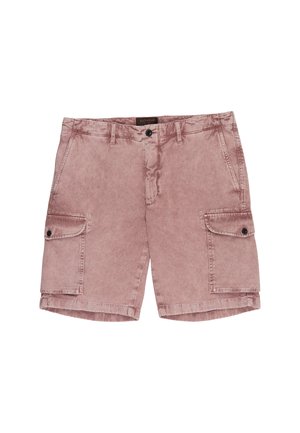 Heren cargo shorts in gewassen roze met een knoop en ritssluiting aan de voorkant, ceintuurlussen en klepzakken aan beide zijden.