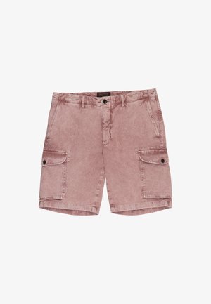 Męskie różowe, lekko sprane szorty typu cargo z przodu zapinane na guziki i zamek błyskawiczny, z pętlami na pasek oraz klapkami kieszeni po obu stronach.