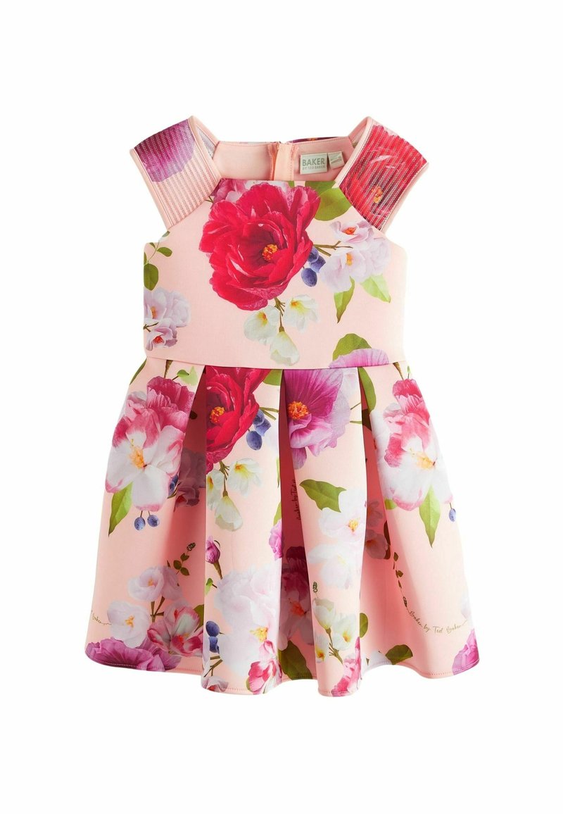 Robe rose sans manches pour tout-petit avec de grands motifs floraux rouges, blancs et violets et des bretelles larges texturées.