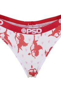 Sous-vêtements blancs avec ceinture rouge portant le logo PSD, décorés de silhouettes rouges de cupidon tenant des arcs et entourés de cœurs roses.