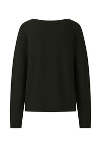 Maglione nero in maglia con scollatura ampia, maniche lunghe e vestibilità rilassata. Texture liscia con un sottile motivo a coste sul tessuto.
