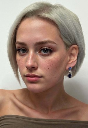Orecchini d'argento con gemme blu, a forma di goccia. Texture liscia e metallo lucido. Il modello ha capelli corti biondo chiaro.