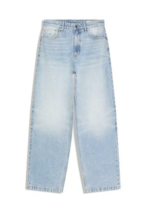 Light blue wide-leg jeans in faded denim. Features classic five-pocket styling, a button and zipper closure, and minimal stitching details.