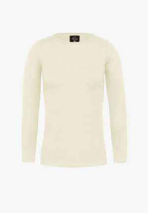 Langarm-Oberteil mit Rundhalsausschnitt in hellbeige, aus weichem Stoff. Das Design ist schlicht, ohne Muster oder Verzierungen.