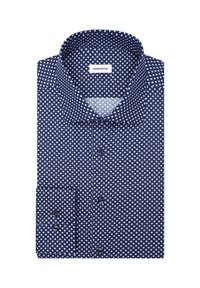Marineblauwe shirt met een patroon van kleine witte stippen, voorzien van een button-down kraag en enkele knoopmanchetten. Glad stoftextuur.
