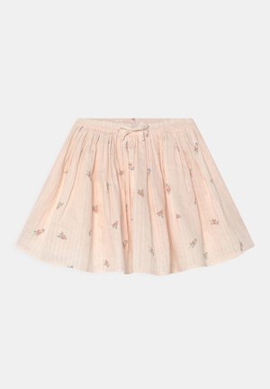 Różowa bawełniana spódnica o rozszerzanym kształcie, z kwiatowym haftem i elastycznym paskiem w talii z troczkiem. Lekki materiał, teksturowane wykończenie.