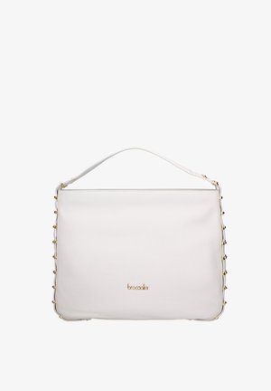 Witte rechthoekige handtas met een bovenhandvat, gouden studdetails aan de zijkanten en het logo "braccialini" in goud op de voorkant.