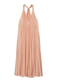 Robe maxi plissée rose pâle avec un design à col halter et des bretelles nouées, présentant une silhouette fluide et une texture lisse.