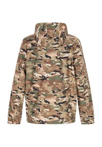 Camouflage jack in bruin, groen en zwarte tinten, met een capuchon, lange mouwen en elastische manchet. Soepel, lichtgewicht stof.