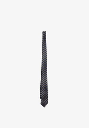 Corbata azul marino con un patrón repetitivo de pequeños diseños florales circulares en naranja y blanco.