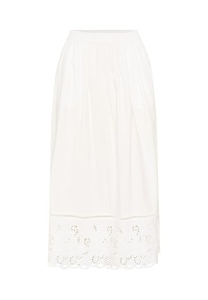 Fustă midi albă cu talie adunată și broderie cu ochiuri de plasă de-a lungul tivului ondulat.