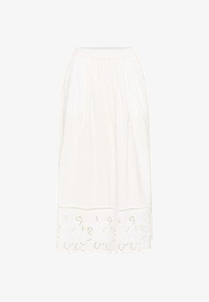 Fehér midi szoknya, ráncolt derékrésszel és lyukasztott hímzéssel a hullámos szegély mentén.