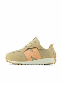 Beige toddler sneaker with mesh and suede upper, light orange leopard-patterned "N" logo, hook-and-loop strap, and textured rubber sole.