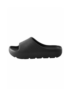 Black slide sandal featuring a smooth texture, open-toe design, and a thick, cushioned sole with subtle grooves. Suitable for casual wear.