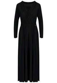 Svart långärmad maxi-klänning med inslagning, samlad midja och flödande kjol. Tillverkad av mjukt, stretchy tyg med en slät yta.