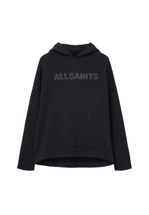 Felpa nera con cappuccio, tasca frontale, vestibilità ampia, cappuccio grande e logo "ALLSAINTS" in testo metallicamente borchiato sul petto.