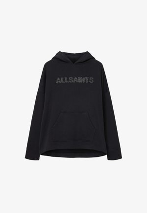 Czarna bluza z kapturem z przednią kieszenią, luźny krój, duży kaptur oraz logo "ALLSAINTS" w metalicznie nabijanym tekście na wysokości klatki piersiowej.