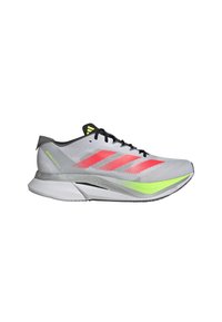 Leichte Laufschuhe aus grauem Mesh mit leuchtend pinken Streifen. Mit schwarzem Schnürdesign, neongrünen Akzenten und weißer Sohle.