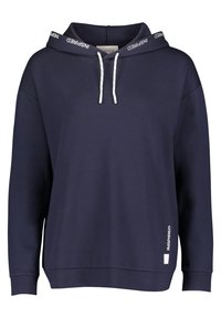 Marinblå sweatshirt med dragsko, med vit text "INSPIRED" längs huvan och en sidologga. Slät tyg, avslappnad passform.