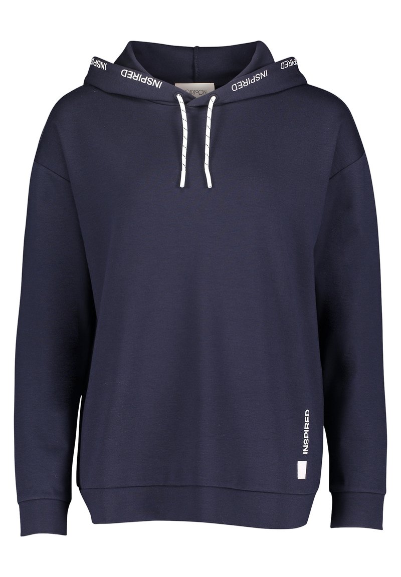 Marinblå sweatshirt med dragsko, med vit text "INSPIRED" längs huvan och en sidologga. Slät tyg, avslappnad passform.