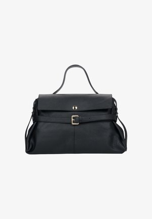 Czarna skórzana torebka o usztywnionej konstrukcji, z klapką, złotymi elementami i odpinanym paskiem. Faktura z teksturą oraz centralnym przeszyciem.