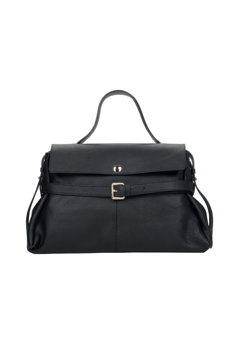 Černá kožená kabelka se strukturovaným designem, přehýbatelným horním dílem, zlatými kovovými prvky a odnímatelným páskem. Texturovaný povrch se středním švem.