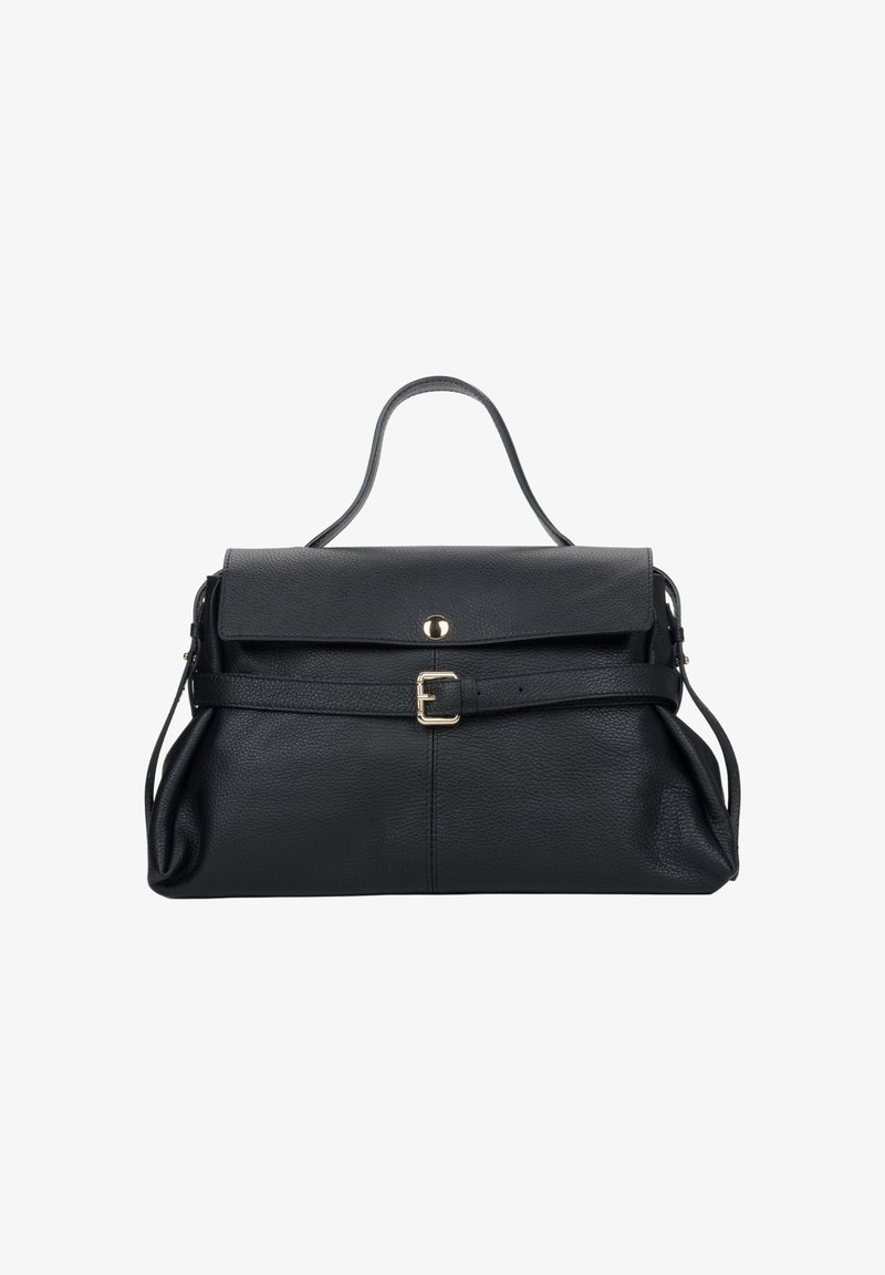 Černá kožená kabelka se strukturovaným designem, přehýbatelným horním dílem, zlatými kovovými prvky a odnímatelným páskem. Texturovaný povrch se středním švem.