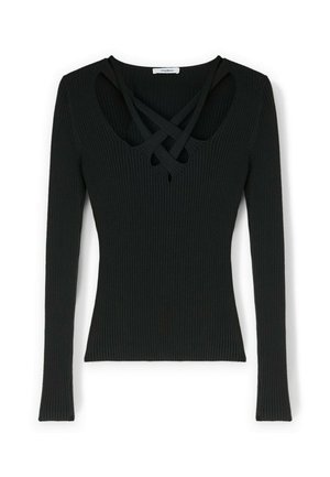 Haut long à manches noires côtelé avec un détail de bretelles entrecroisées au col en rond, coupe ajustée et tissu en maille douce.