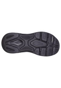 Schwarze Gummisohle mit komplexen Profilmustern, Rillen und einer strukturierten Oberfläche für guten Halt. Enthält ein markantes Logo und verschiedene Rillen.