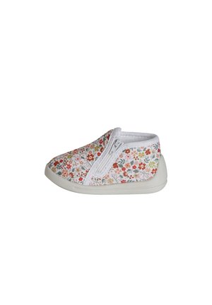 White toddler shoe with red and orange floral pattern and side zipper on flat white sole, displayed on a white background.