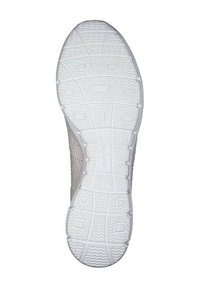 Weiße Sneaker-Sohle mit einem strukturierten Grip-Muster, das einen glatten, flachen Bereich umschließt, der von konturierten Abschnitten und leichten Profilierungen umgeben ist.