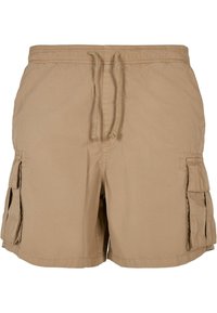 Shorts cargo beiges en tissu léger avec une taille à cordon, comprenant deux poches latérales et deux poches cargo.