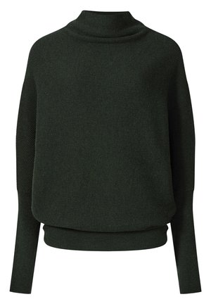 Pull en maille vert foncé avec col montant, manches longues et taille ajustée.