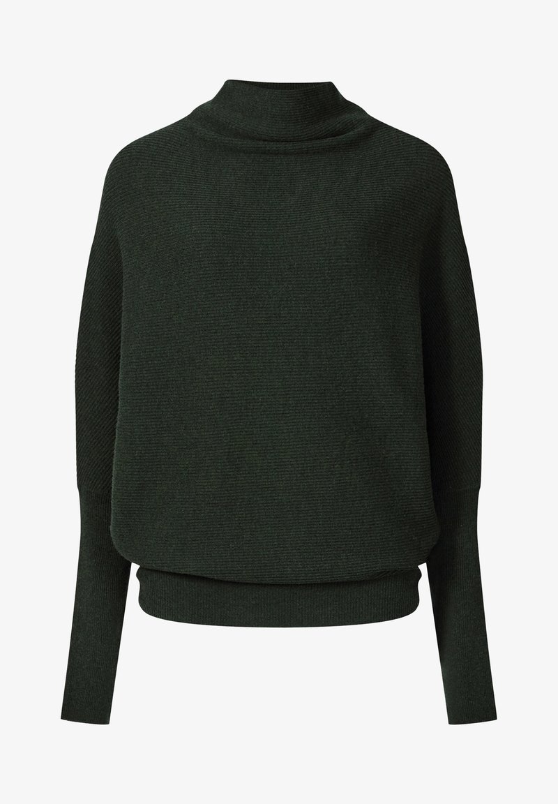 Pull en maille vert foncé avec col montant, manches longues et taille ajustée.