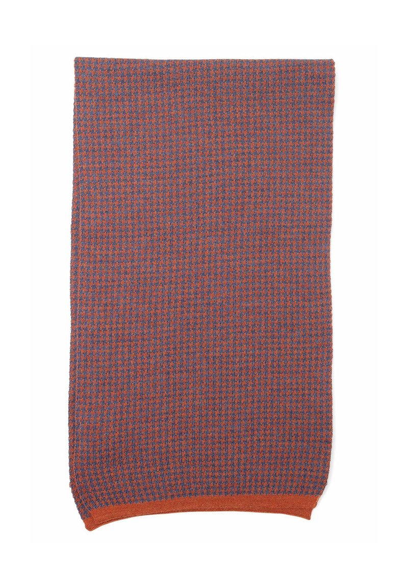 Tissu en jersey de forme rectangulaire avec un petit motif en pied-de-poule orange et bleu, bord légèrement courbé d'un côté.