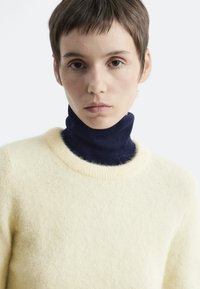 Helles gelbes Wollpullover mit rundem Ausschnitt, der über einem taillierten maritimen Rollkragenpullover getragen wird. Weiche Textur, minimalistisches Design und keine sichtbaren Muster.