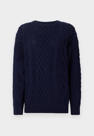 Mørkeblå strikket sweater med strukturerede kabelmønstre, ribbede manchetter og en rund hals. Tykt, varmt stof med en afslappet pasform.