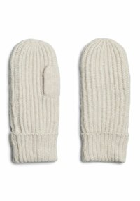 Strikkede, cremefarvede vanter med ribbede manchetter, der har en separat tommel og en glat tekstur, designet til varme og komfort.