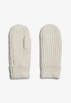 Moufles en crème tricotées avec des poignets côtelés, dotées d'un pouce séparé et d'une texture lisse, conçues pour la chaleur et le confort.