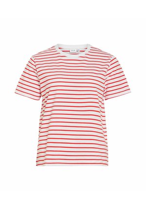 T-shirt à manches courtes à rayures rouges et blanches avec un col rond. Le tissu semble lisse et léger. Aucun motif ou accent visible.